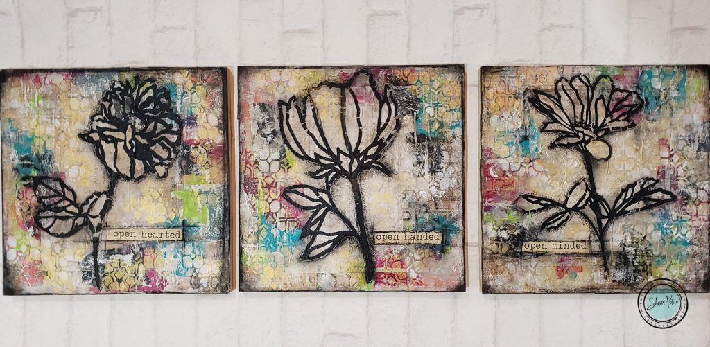 all three mixed media floral triptych by shawn petite
