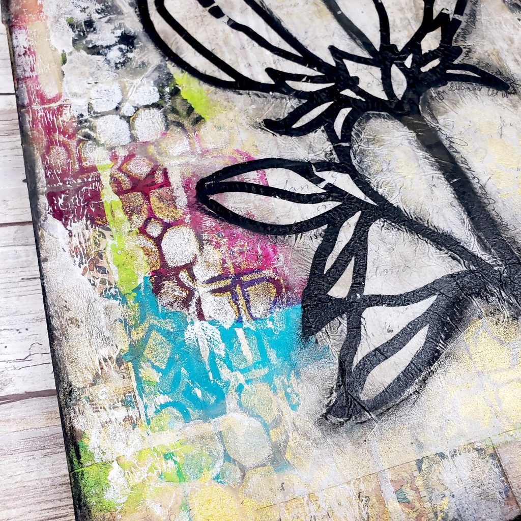 mixed media triptych with flowers by Shawn Petite close up