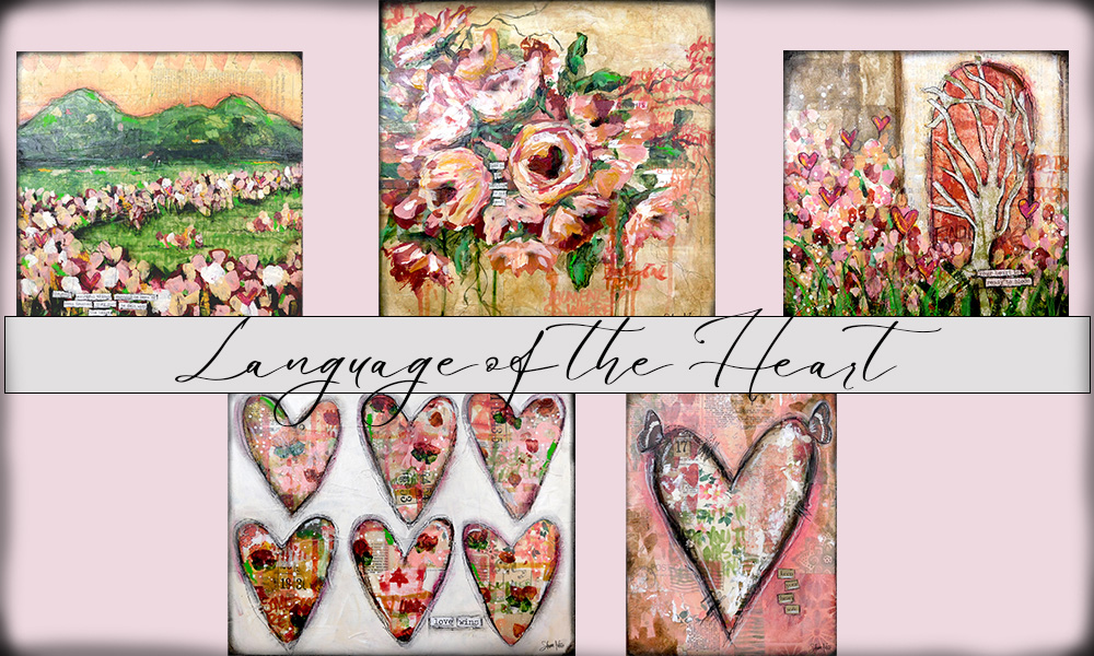 Language of the heart banner with five mixed media pieces