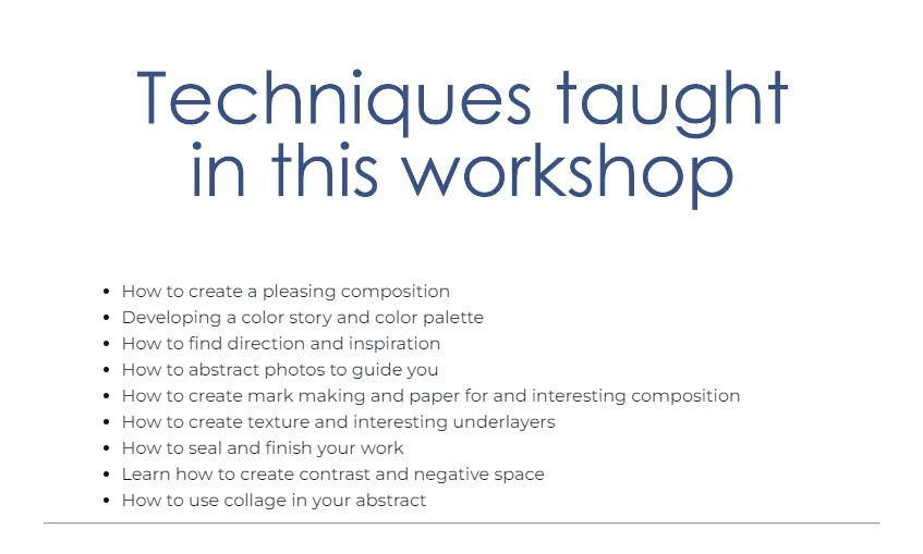 Bulleted list of techniques taught in the workshop