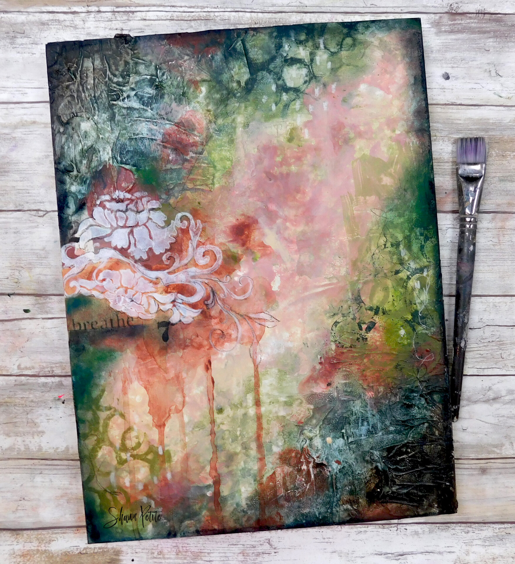Mixed media floral abstract with artist's brush